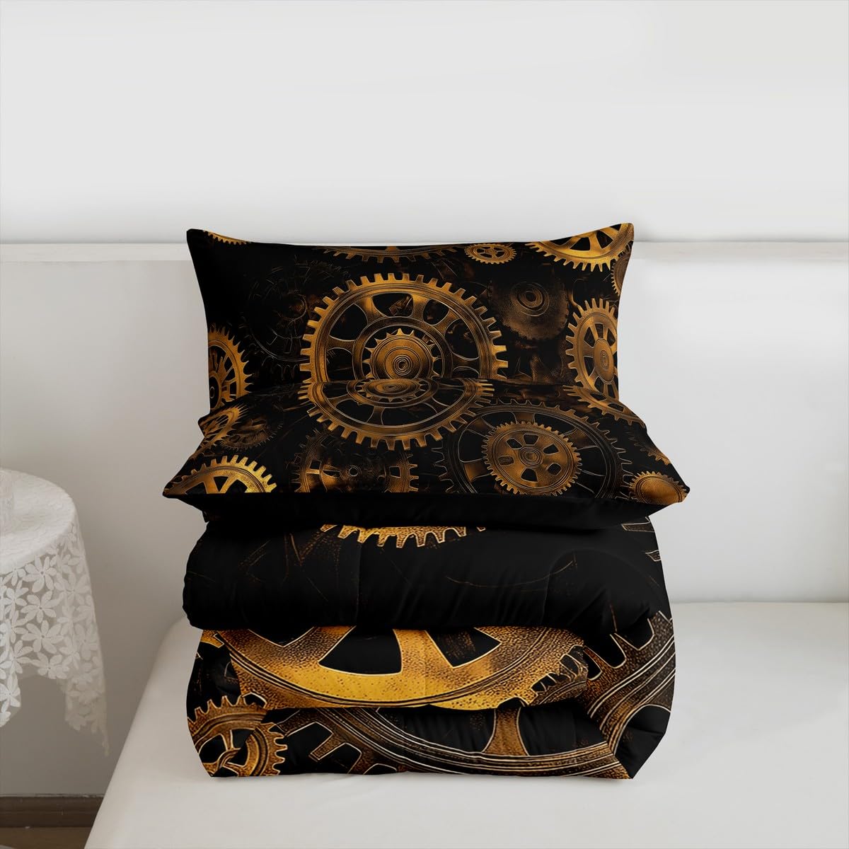 Golden Ndustrial Gear Comforter Set King Size Steampunk Style Bedding Set Clocks Theme Bedding Sets & Collections for Kids Boys Teens Men Mechanical Device Quilt Set,Retro Style Bedroom Decor