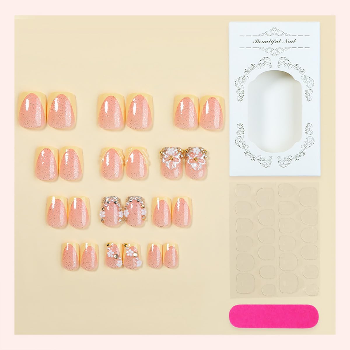 24Pcs Cute Flower Press on Nails Short Square French Tip Fake Nails with 3D Gold Rhinestones Design Nude Full Cover Artificial Glue on Nails Spring Summer Stick on Nails for Women Acrylic Manicure DIY