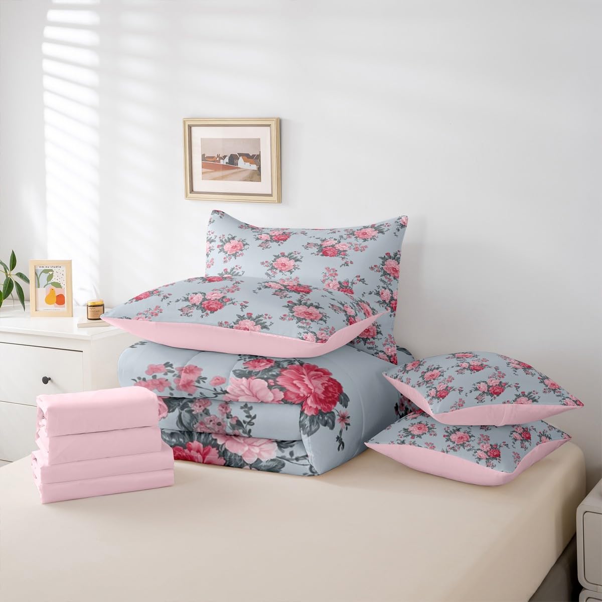 jejeloiu Flower Printed Twin Comforter Set with Sheets for Kids Boys Girls Luxury 7 Pieces Bedding Set Leaves Bed in a Bag Room Decor Soft Lightweight Microfiber
