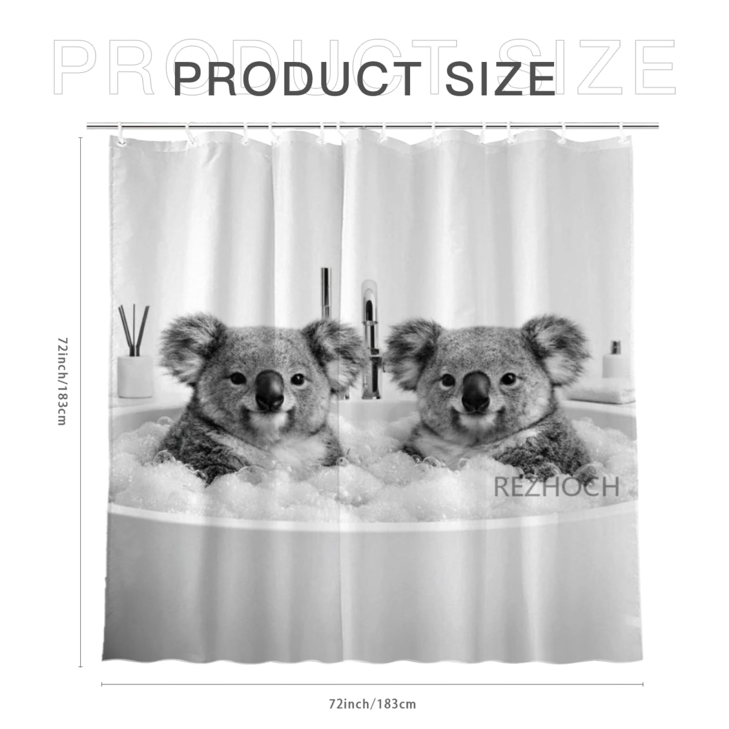 REZHOCH Modern Minimalist Funny Koala Shower Curtain 72x72 Inch, Luxury Black and White Cute Animals in Bathtub Bubbles Bathroom Decor,Waterproof Fabric Bath Set with Hooks