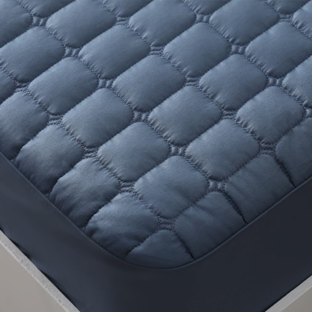 Seragio Quilted 100% Cotton Mattress Cover – 6 Colors, Machine Washable, Breathable & Stretchy, Fits up to 16-Inch Deep, Twin/Full/Queen/King (Navy, Twin)
