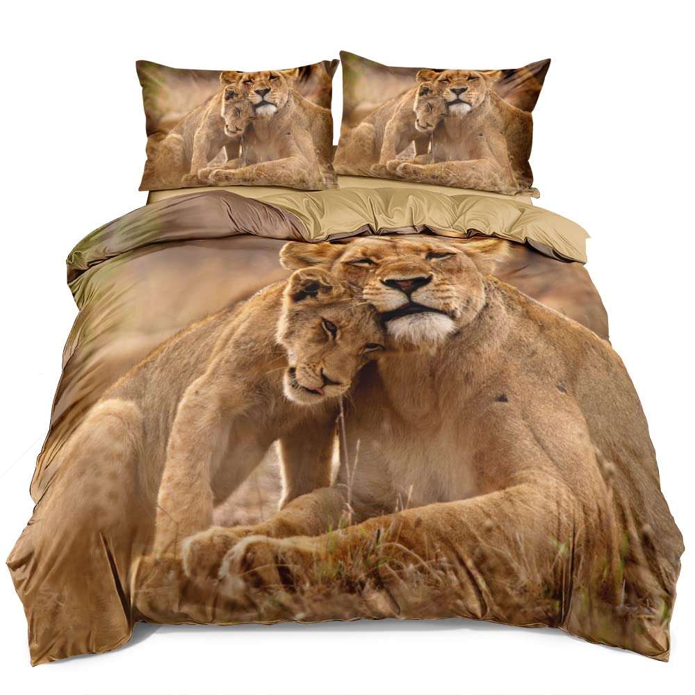 Holiyjog Animal Lions Pattern Duvet Cover Set King Size Wild Lion Comforter Covers and Pilliw Shams Camel Color Bedding Sets Romantic Jungle Theme Bedroom Deco Gift
