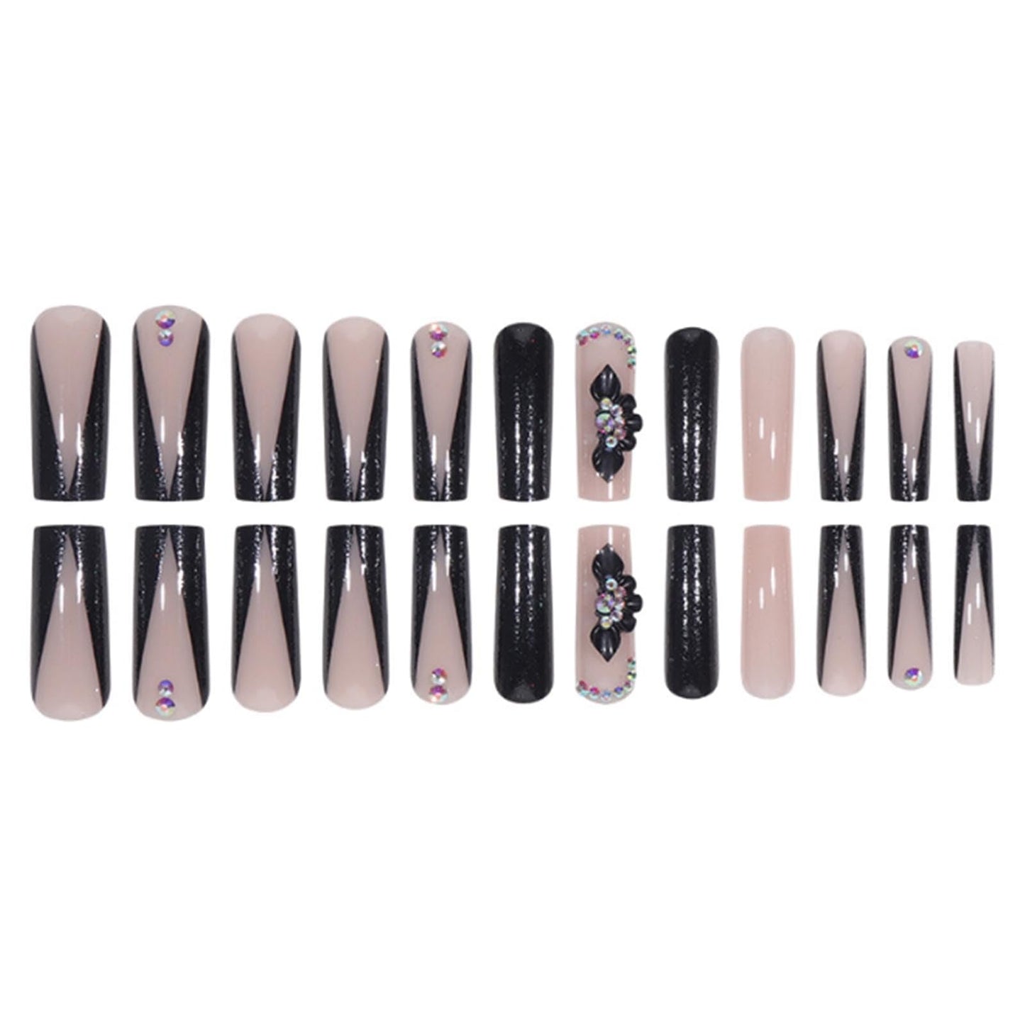 YoYoee Long Full Cover Nails Tips Luxury Black False Nails Square Press on Nails French Fake Nails for Women and Girls 24PCS