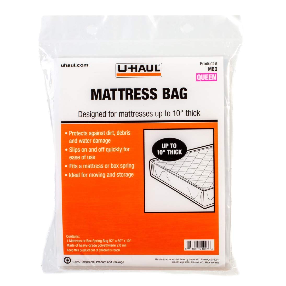 U-Haul Queen Mattress Bag – Heavy-Duty Plastic Protection for Moving & Storage  – 92" x 60" x 10" (1-Pack)