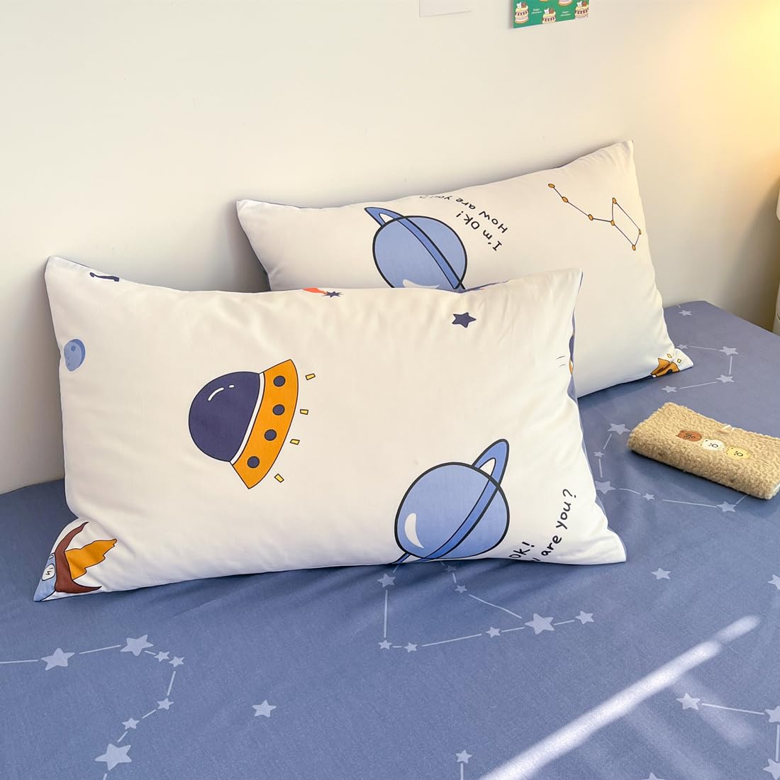 LIWHENHAO Space Duvet Cover Set Queen 100% Cotton Bedding Cartoon Astronaut Rocket Galaxy Print on White 1 Star Comforter Cover Full Zipper Closure 2 Pillowcases for Kids Girls Boys Woman