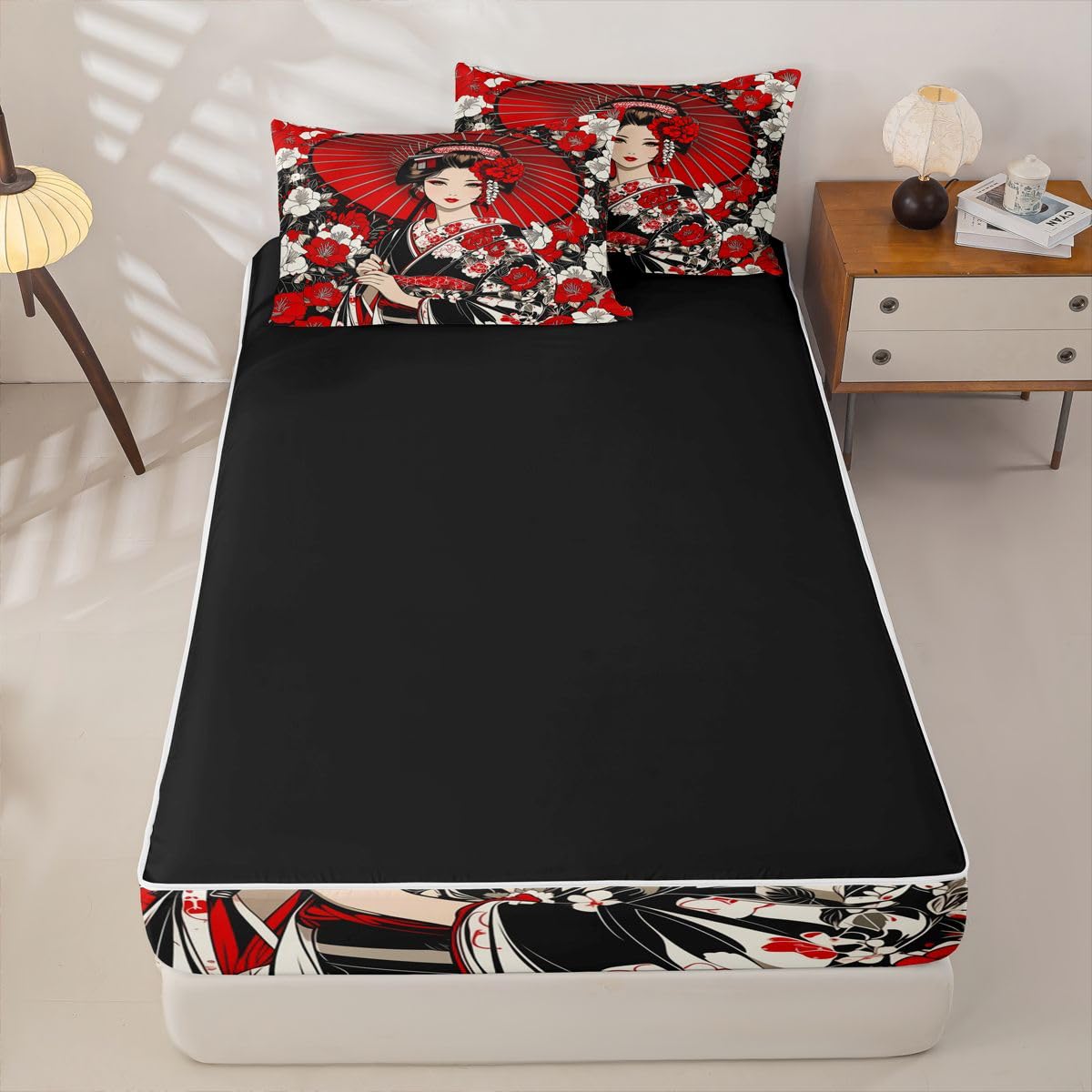 Erosebridal Japanese Geisha Zipper Bedding Twin Size, Japanese Flowers Kids Comforter Set - Artistic Japan Zip Up Comforter Bed in A Bag