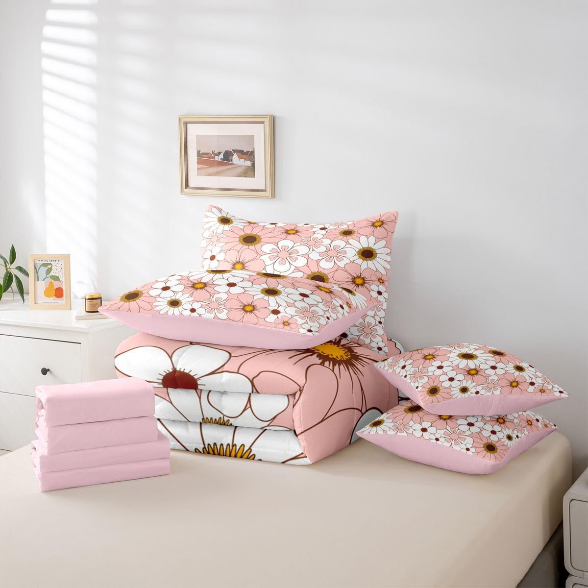 Erosebridal 7 Pcs Pink Daisy Bedding Set Twin for Girls Boho Floral Comforter Set with Sheets for Kids Teens Women Coquette Room Decor Groovy Floral Bed in A Bag Aesthetics Flower Bed Sets All Season