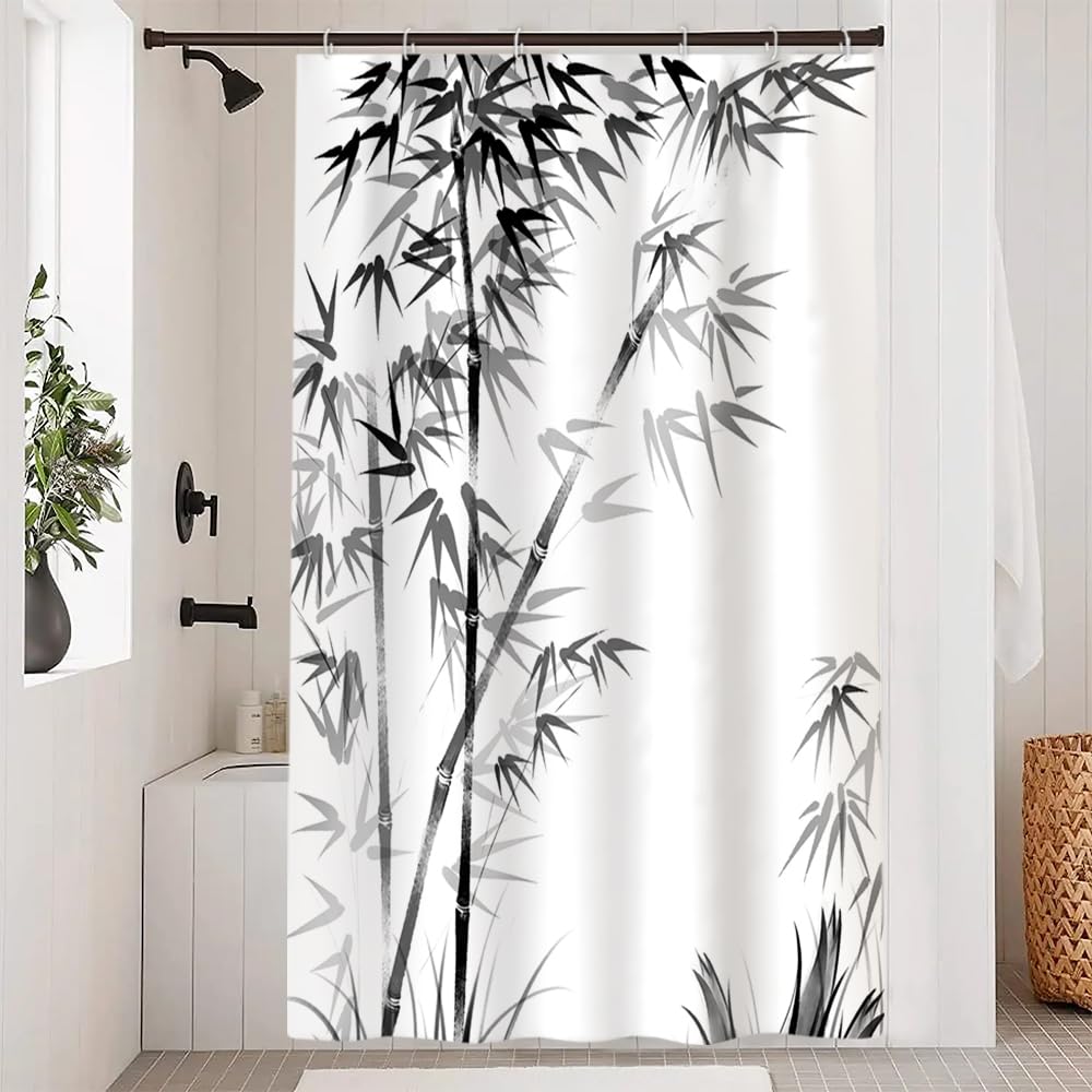 Ruelvth Bamboo Shower Curtain, Aesthetic Ink Bamboo Shower Curtain for Bathroom Waterproof Fabric Black and White Shower Curtain Set with Hooks, 48x72 Inch
