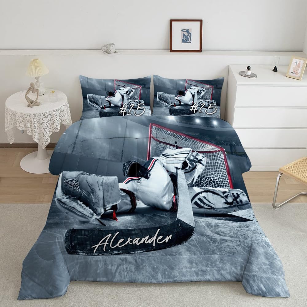 WAZARO Personalized Hockey Comforter Set, Hockey Bedding Twin Full Queen King, Hockey Blankets for Boys Ice Hockey Tapestry Down Comforters Hockey Bedroom Decor (Ice Hockey Goalie)