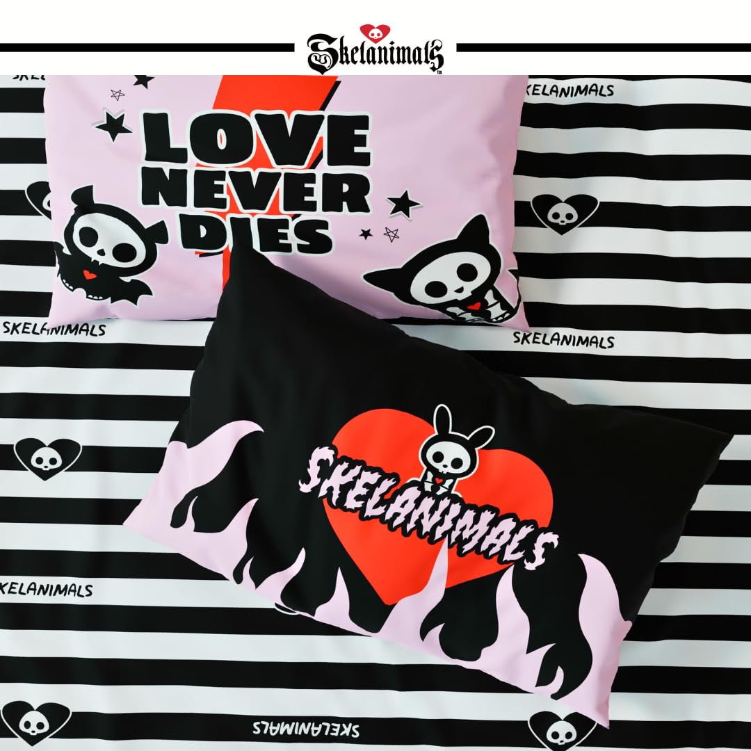Skelanimals Bedding 5 Piece Twin Bed Set, Soft Checkered Comforter and Sheet Set with Sham, Kit The Cat, (Officially Licensed Product) by Franco Collectibles