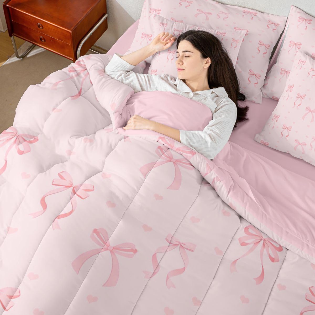 Erosebridal Pink Bow Comforter Set Princess Bowknot Bed in A Bag Full Size 7 Pieces Girly Pink Bows Bed Set Room Decor Ribbon Bow Knot Bedding with Sheets