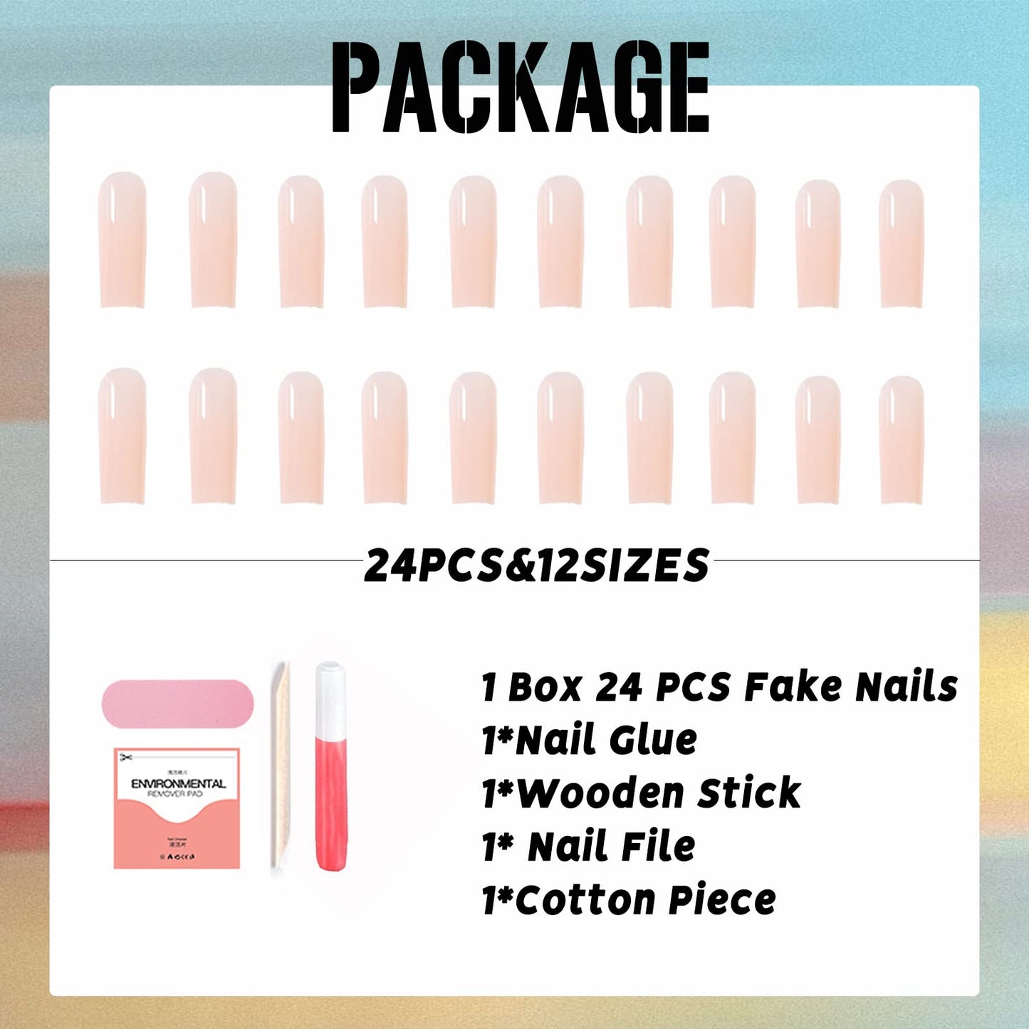 IMSOHOT Long Press Nude Square Shaped Glossy Glue on Nails - Natural Full Cover Acrylic False Nails - 24pcs