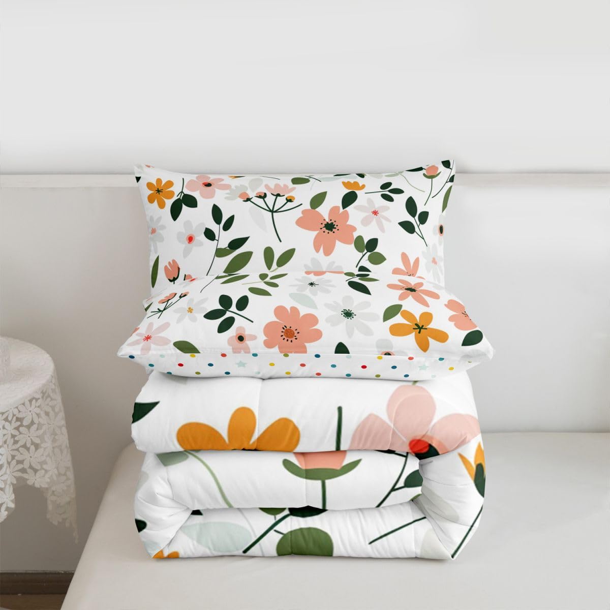 Feelyou Cute Floral Kids Comforter Set Queen Size Cartoon Flower Bedding Set Plant Duvet Quilt for Kids Boys Girls Bedroom Natural Decor Microfiber Ultra Soft Breathable