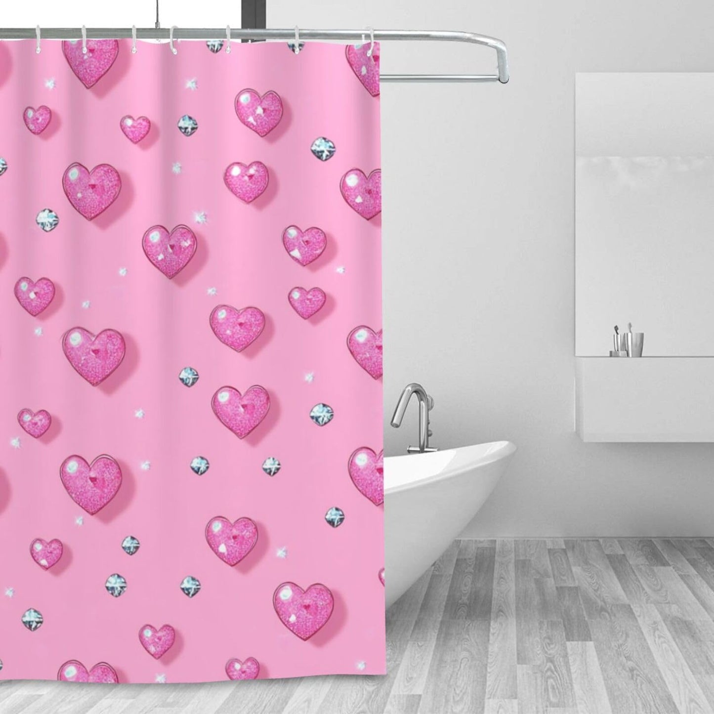 HSYOYO Pink Hearts Diamonds Shower Curtains for Bathroom Waterproof Shower Curtain Set with 12 Plastic Hooks Washable Bathroom Curtain Modern Bathroom Decor 72" W x 72" L