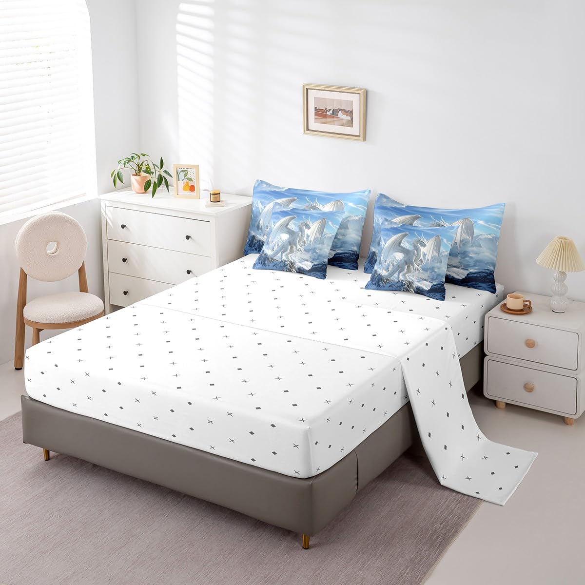 7 Pieces White Dragon Comforter Set Queen,Snow Mountain Wild Animal Bed Set for Kids Boys Girls,Western Dragon Bedding(1 Comforter,1 Fitted Sheet,1 Flat Sheet,2 Pillowcases,2 Throw Pillow Cover)