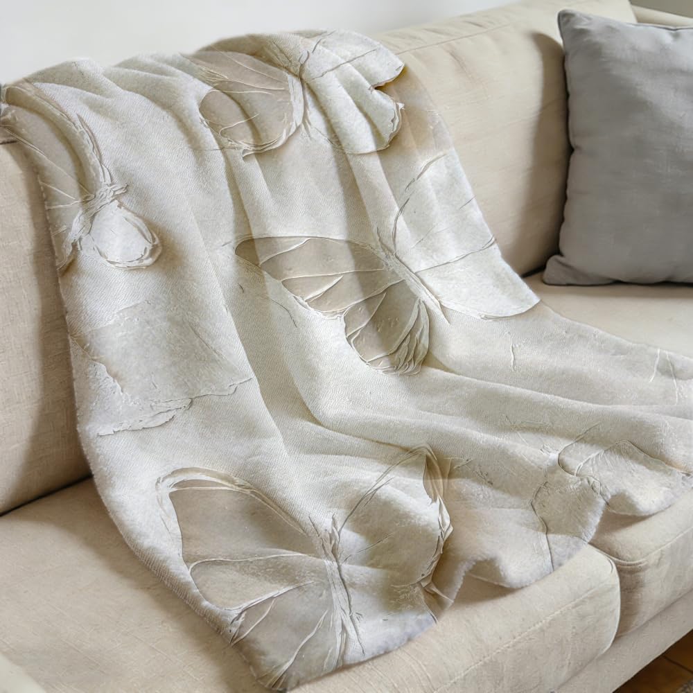 ZHOUSHUTONG Butterfly Throw Blanket Elegant White Butterflies Floral Print Gifts for Women Girls Super Soft Warm Cozy Flannel Blanket for Couch Sofa Bedroom Office Home Decor 49"x59"
