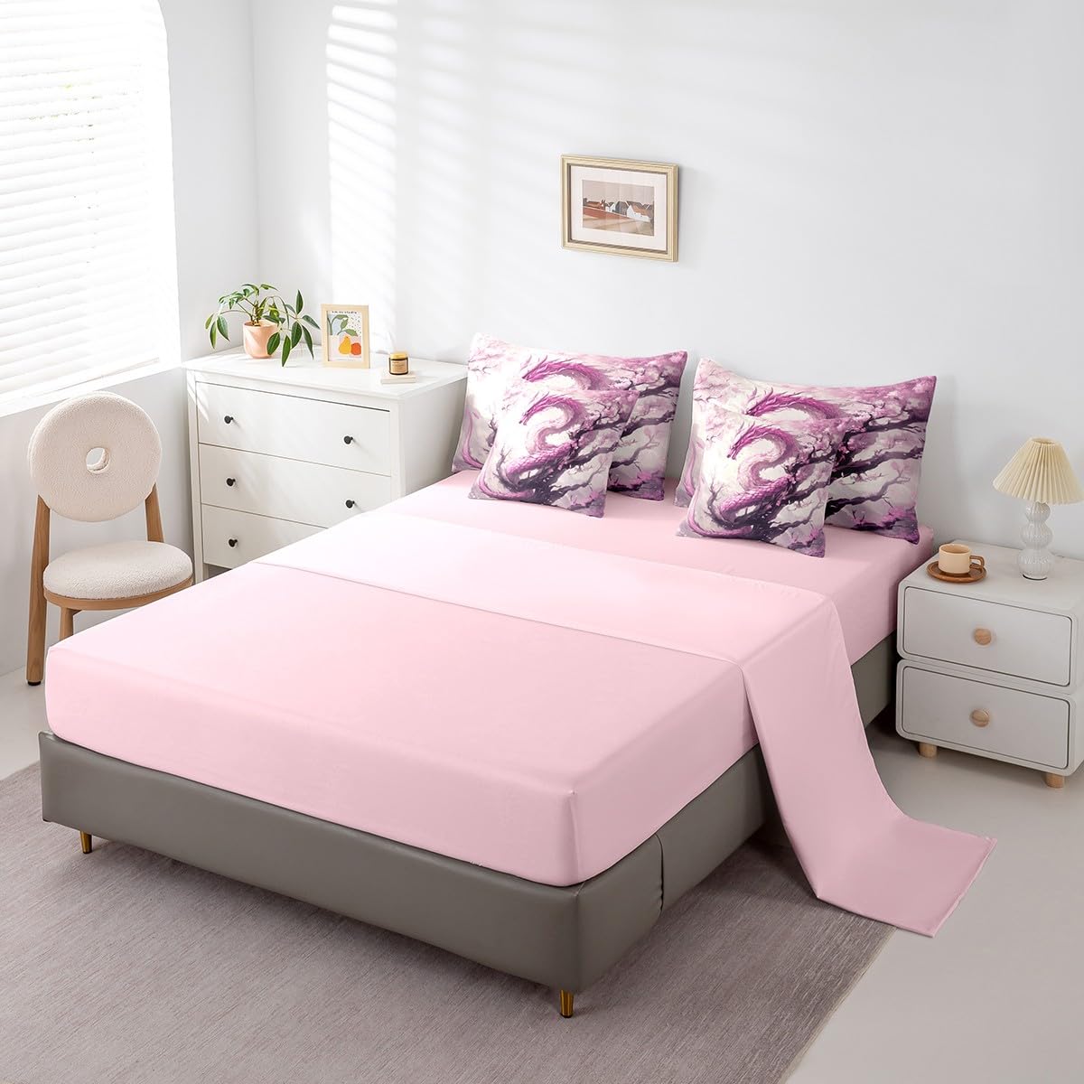 7 Pieces Cherry Flower Dragon Comforter Set Queen,Japanese Style Blossom Bed Set for Kids Boys Girls,Pink Dragon Bedding(1 Comforter,1 Fitted Sheet,1 Flat Sheet,2 Pillowcases,2 Throw Pillow Cover)