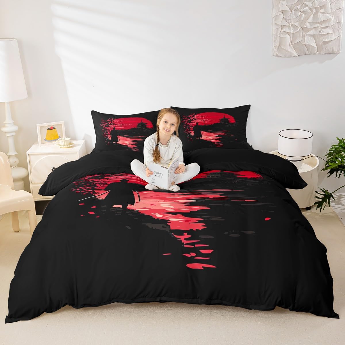 Erosebridal Samurai Bedding Set, Sunset Duvet Cover, Japanese Samurai Quilt Cover, Scenery Silhouette Comforter Cover, Room Decoration for Men (1 Duvet Cover with 2 Pillow Cases),Full Size