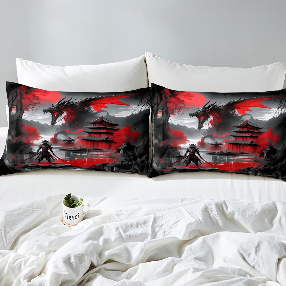 Erosebridal Japanese Style Twin Down Comforter Dragon Comforter Set Magical Animals Bedding Set Western Wildlife Theme Quilt for Boys Kids Teens Adult Bedroom, with 1 Pillow Cases