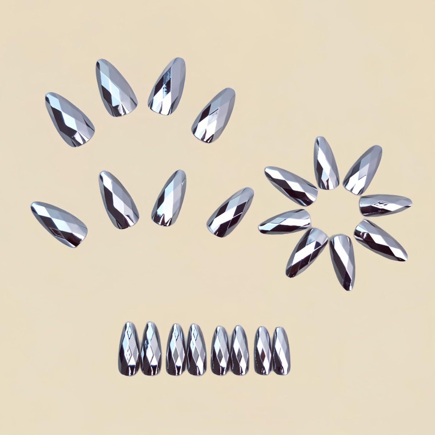 RUOKEXIN Almond Press on Nails Medium Length Fake Nails Silver Chrome False Nails with 3D Rhombus Designs Full Cover Nail Press ons Sparkly Artificial Nails for Women 24Pcs