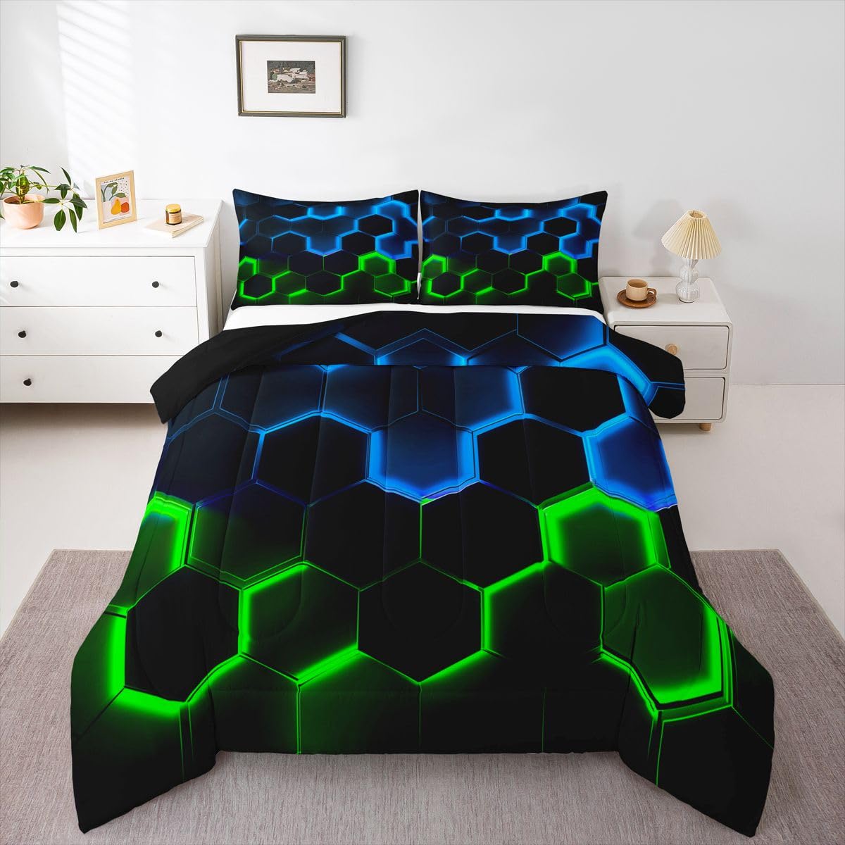 Castle Fairy Honeycomb Bedding Comforter Set Twin Size,Hexagon Theme with Green Blue Neon Lights Quilt Set,Boys Teen Man Chic Creative Home Bedding Set 2pcs Duvet Insert with 1 Pillowcase,Black