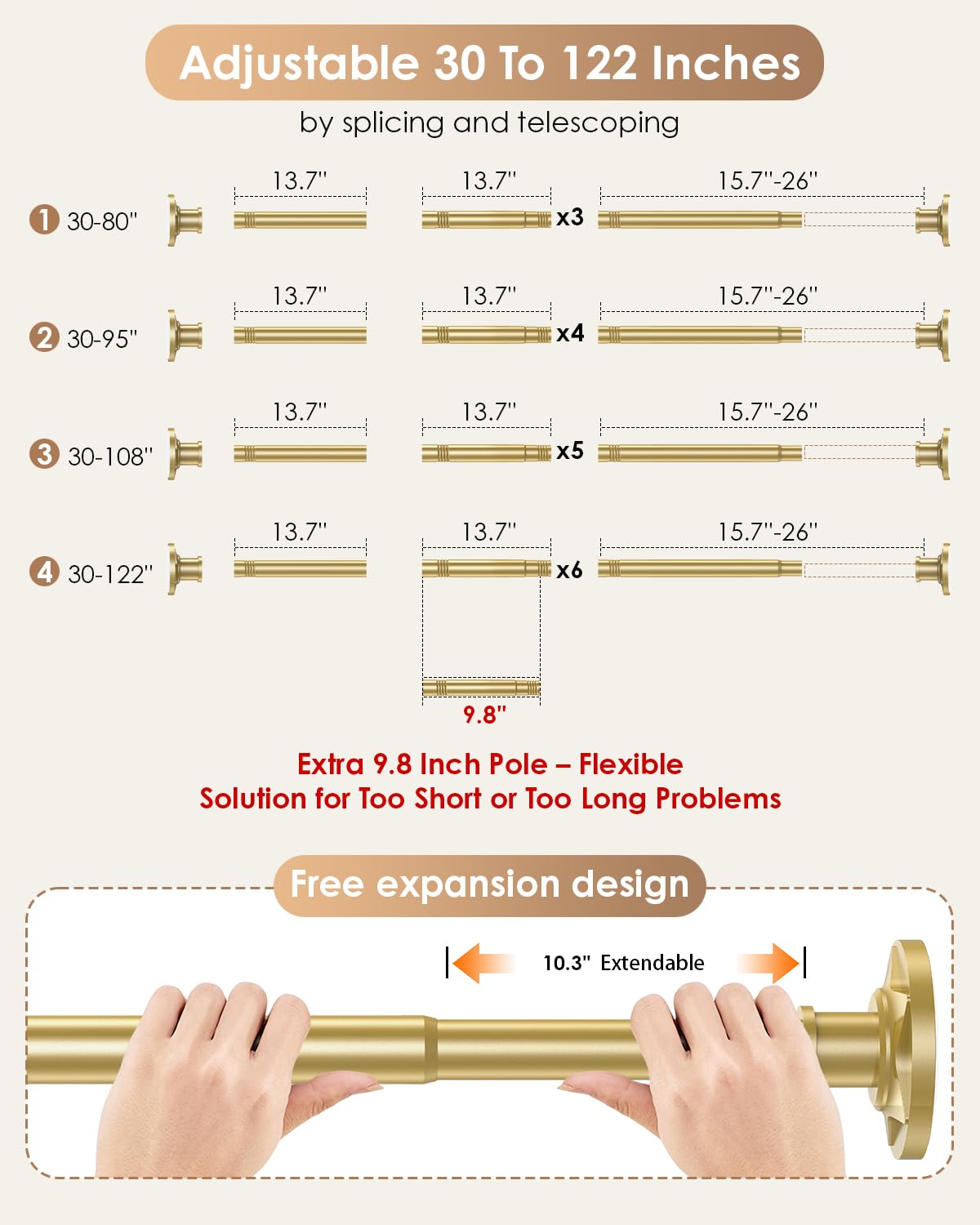 Haryaers Gold Tension Shower Curtain Rod 30-96 In (8ft) 1.1" Diameter Stainless Steel, Rustproof Heavy Duty, No Drilling Adjustable Room Divider for Bathroom Window Patio Closet