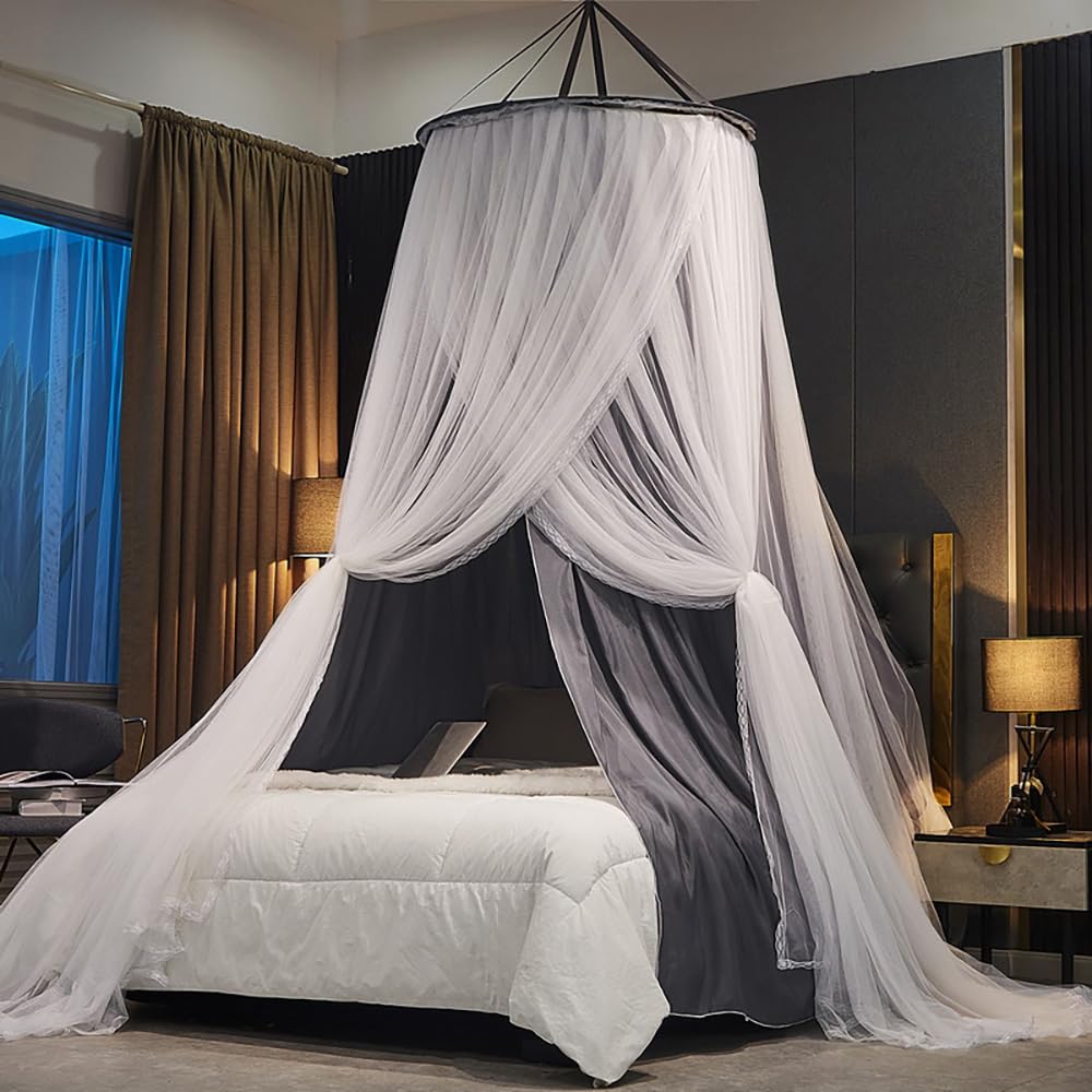 Vilemoon Bed Canopy for Girls & Adults, Round Dome Lace Princess Canopies Netting, Elegant Double Layer Bed Canopy Drapes for Decoration, Playing,Reading,Sleepping (Gray)