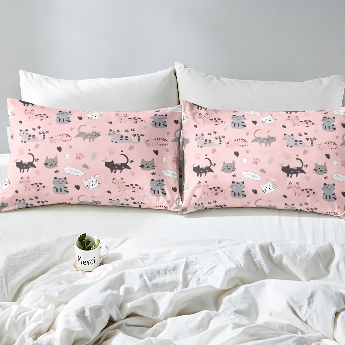 Erosebridal Kawaii Toddler Bed Sheet,Cartoon Cat Sheet Set for Kids Boys Girls Teenager,Kawaii Kitten Paw Print Heart Bed Sets,Queen with 2 Pillowcases