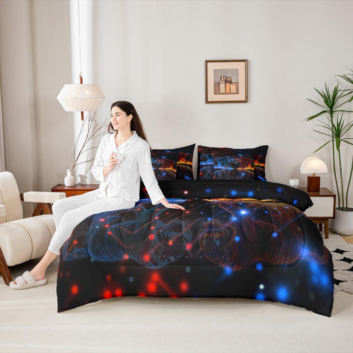 jejeloiu Tiger Bed Set Wild Animal 7 Pieces Bedding Set for Kids Safari Cat Print Bed in a Bag with Comforter, Sheets, Pillowcases Ultra Soft Dot All Season Breathable Lightweight Twin Size