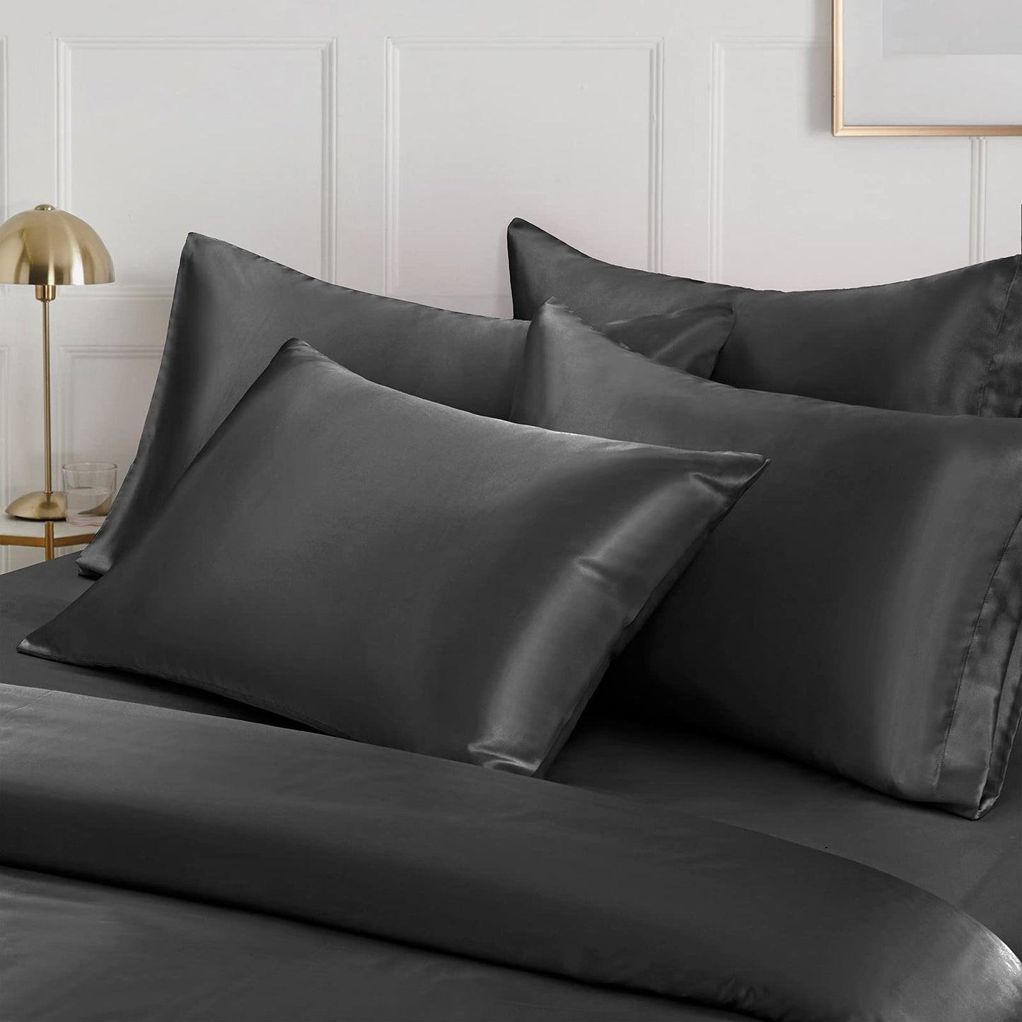 Ersmak 6 Pieces Satin Duvet Cover King Size Luxury Silky Bedding Duvet Cover Set with 1 Soft Duvet Cover, 4 King Pillowcases and 1 Body Pillowcase, Black