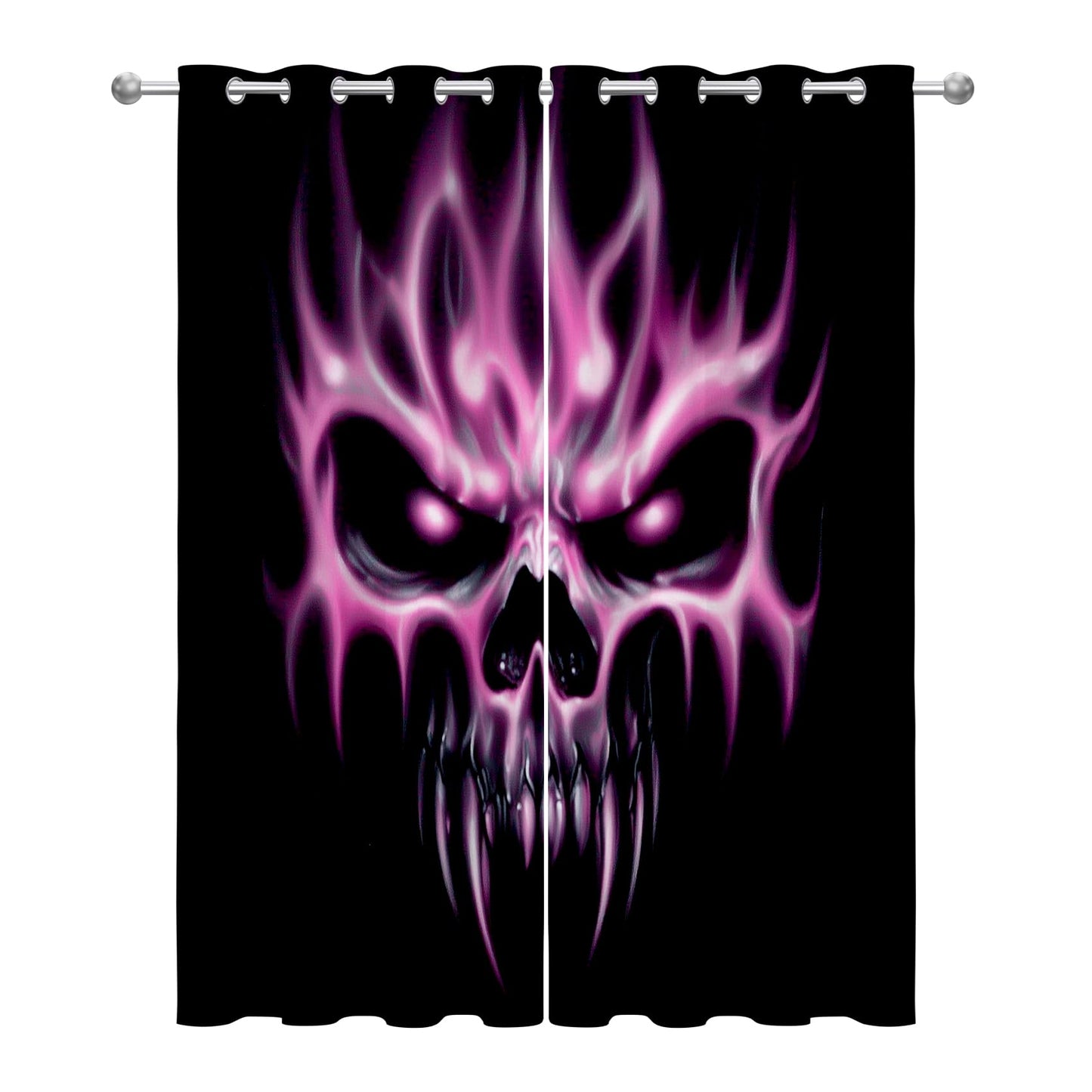 Solvivae Gothic Black Out Curtains 63 Inch Long, Flame Skull Curtain for Bedroom Living Room, Room Darkening Thermal Insulated Grommet Drapes, Horror Spooky Halloween Window Curtains