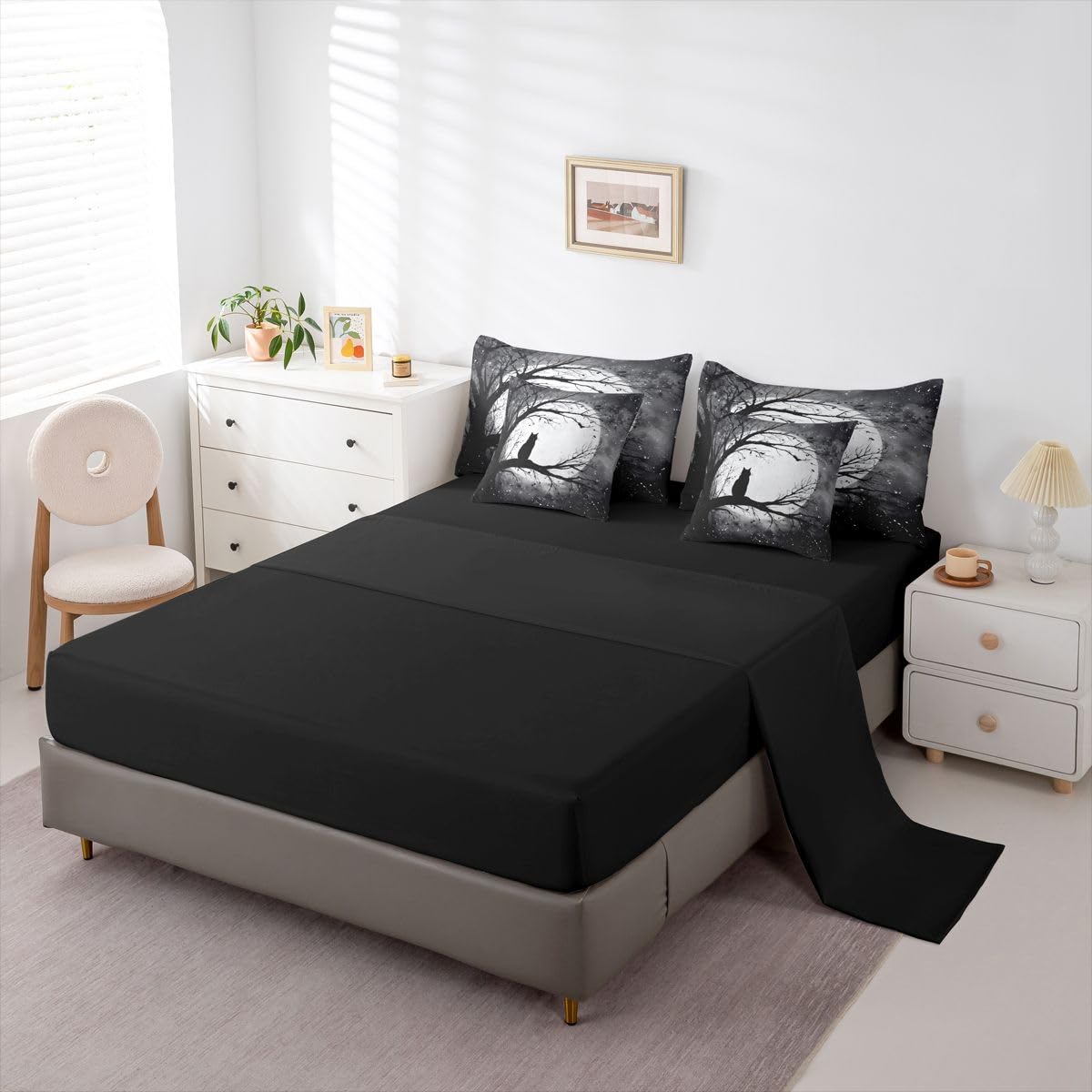 Erosebridal Halloween Black Cat 7-Piece Bedding Set Full Size Gothic Midnight Black Cat Bed in a Bag Midnight Full Moon Comforter Set with Sheets Tree Branches Duvet Insert