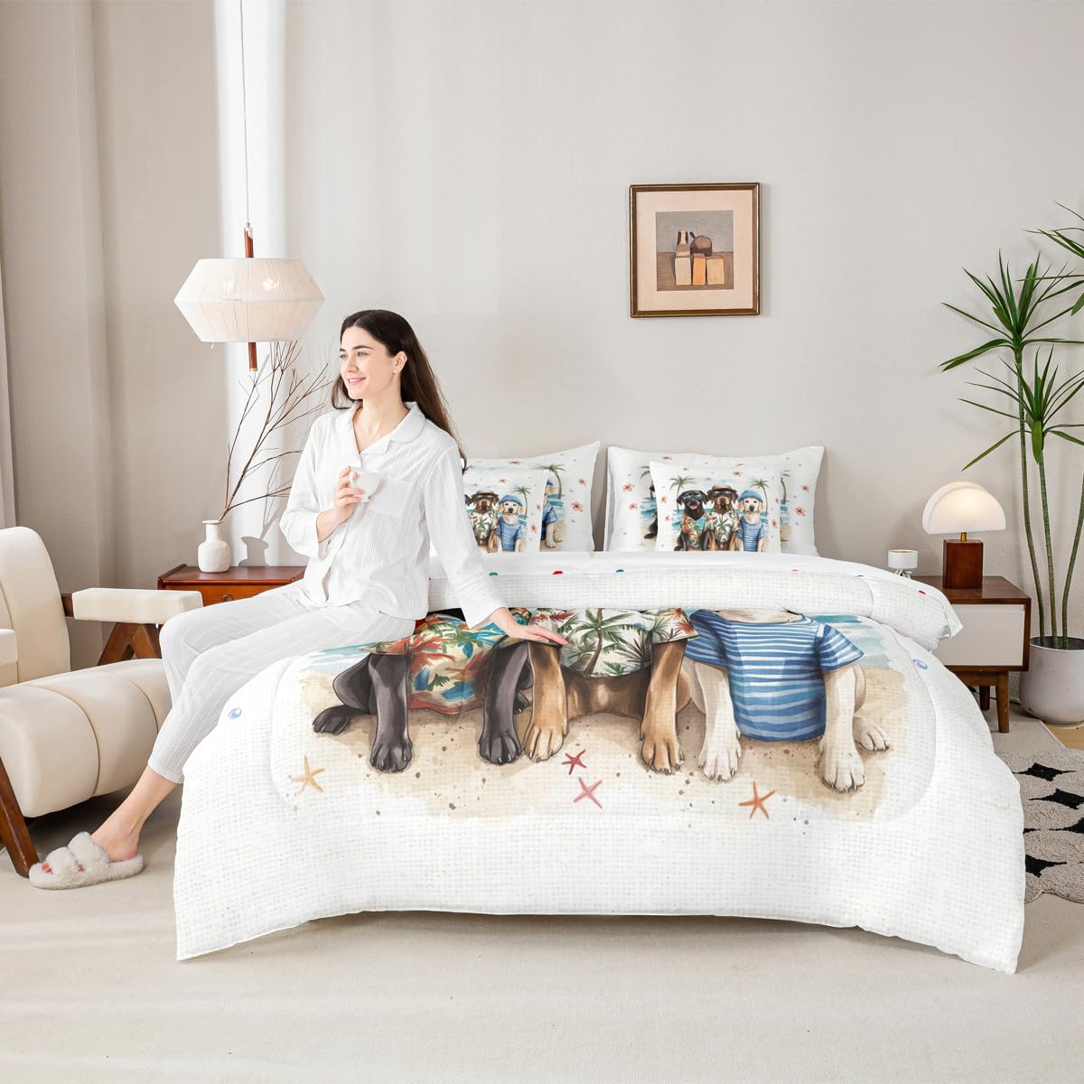 Erosebridal Summer Beach Bed in A Bag Full, Kawaii Dogs Comforter Set with Sheets, Sea Beach 7 Pieces Bedding Set for Kids Boys Teens Girls Women Men Bedroom, Floral Starfish Coconut Tree Bed Sets