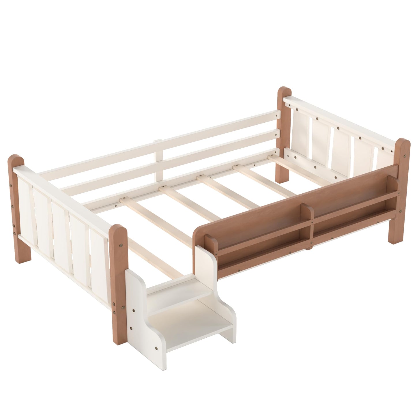 LUMISOL Twin Size Montessori Bed with Storage, Kids Low Bed Frame with Storage and Stairs, Wood Twin Size Platform Bed with Guardrail and Shelves, Beige