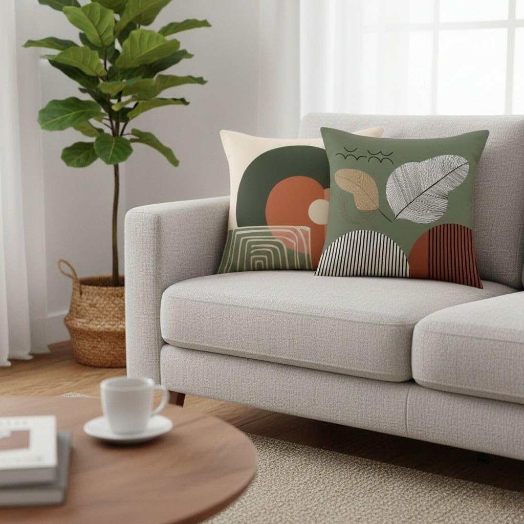 Hopomoon Green Abstract Throw Pillow Covers 18x18 Inches Set of 4,Sage Green and Terracotta Mid Century Modern Botanical Leaves Sun Decor Plush Pillowcases for Sofa Couch Living Room