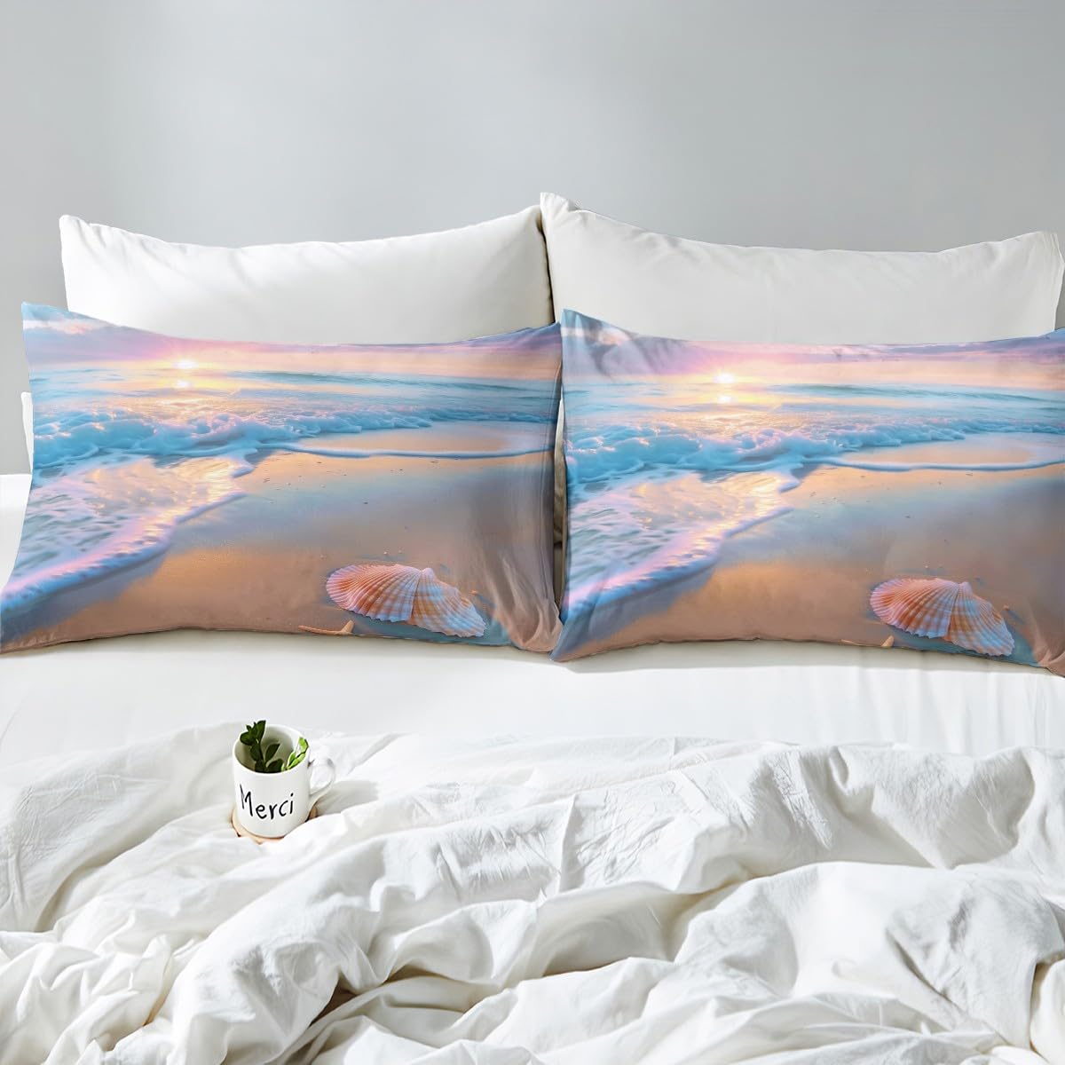 jejeloiu Beach Theme Fitted Sheet Full Size Kids Summer Sea Ocean Sunset Bed Sheets Set for Boys Girls Teens Wave Coastal Starfish Seashell Natural Scenery Bedding Set Room Decor