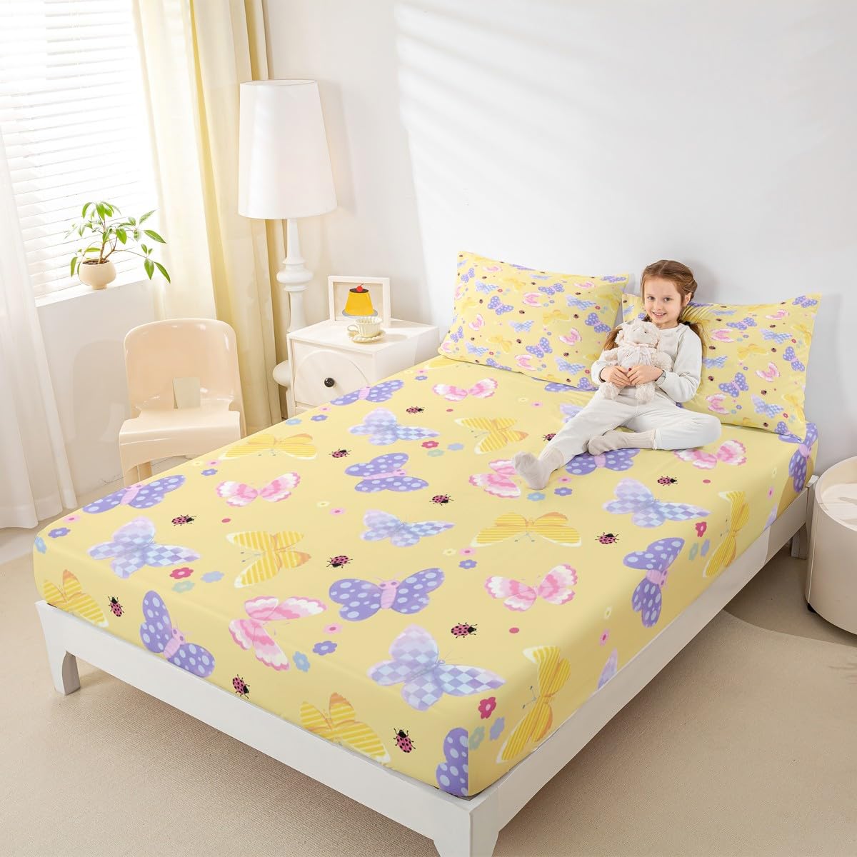 Feelyou Cute Butterfly Fitted Sheet with 1 Pillowcase Twin Size Kawaii Floral Bed Sheets Set 16" Deep Pocket Boys Girls Butterfly Printed Pattern Bedding Cartoon Pink Ladybug Teens Bedroom Decor