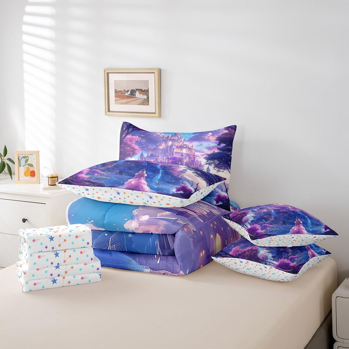 Erosebridal Sweet Princess Comforter Set King,Dreamy Fantasy Castle Bedding Set 7Pcs for Kids Girls,Mysterious Fairytale Bed in a Bag,Pink Ombre Cloud Quilt