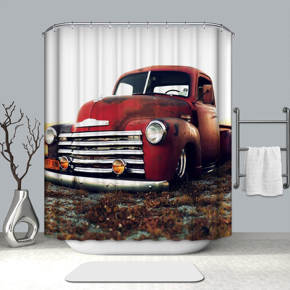 GoJeek Old Red Truck Shower Curtain Retro Rustic Red Truck Cars Bathroom Decor (72?x72?)