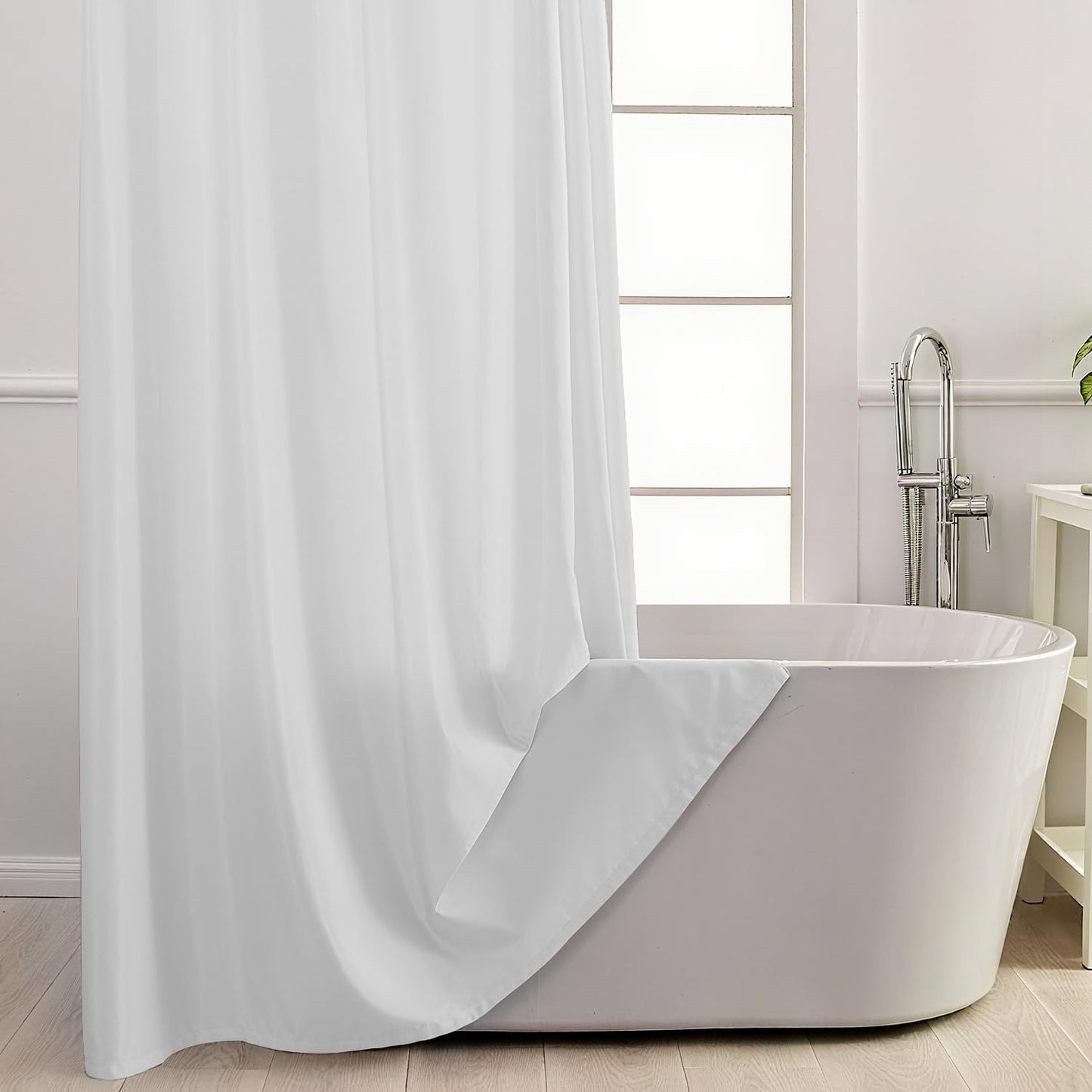 TWLSNCD No Hook Shower Curtain with Snap in Liner, White Shower Curtains and Liner Set, Hotel Fabric Bath Curtain for Bathroom, Mesh Top Window Waterproof Washable, 71" x 74"