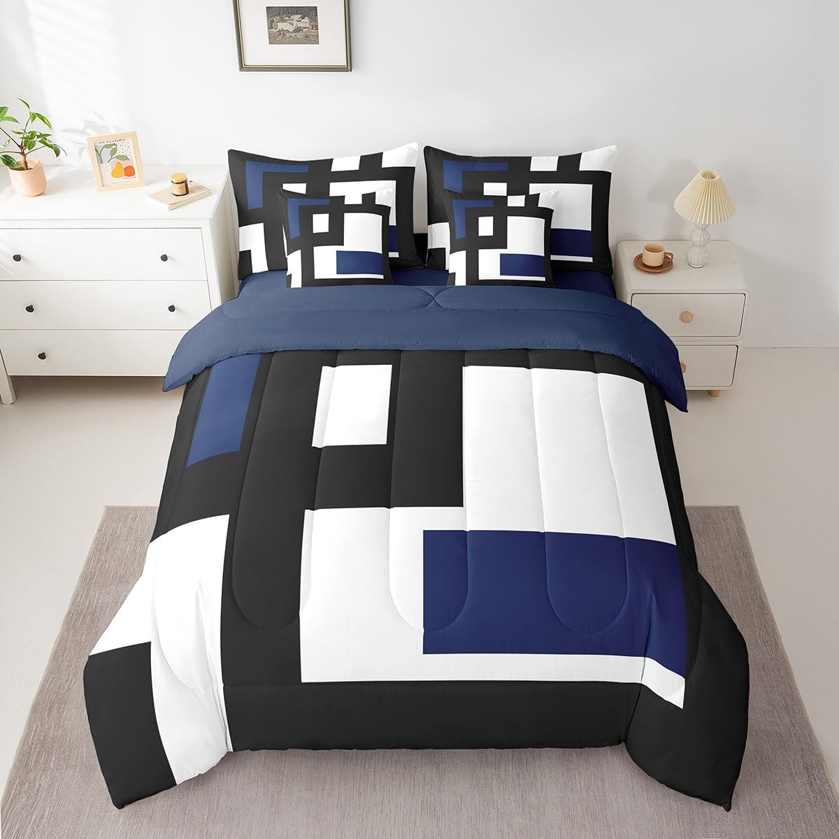 Erosebridal 7Pcs Black and White Striped Bed in A Bag King,Abstract Square Comforter Set for Kids Teens Adult,Modern Geometric Stripes Bold Lines Bedding Set,Minimalist Stylish Bed Sheets