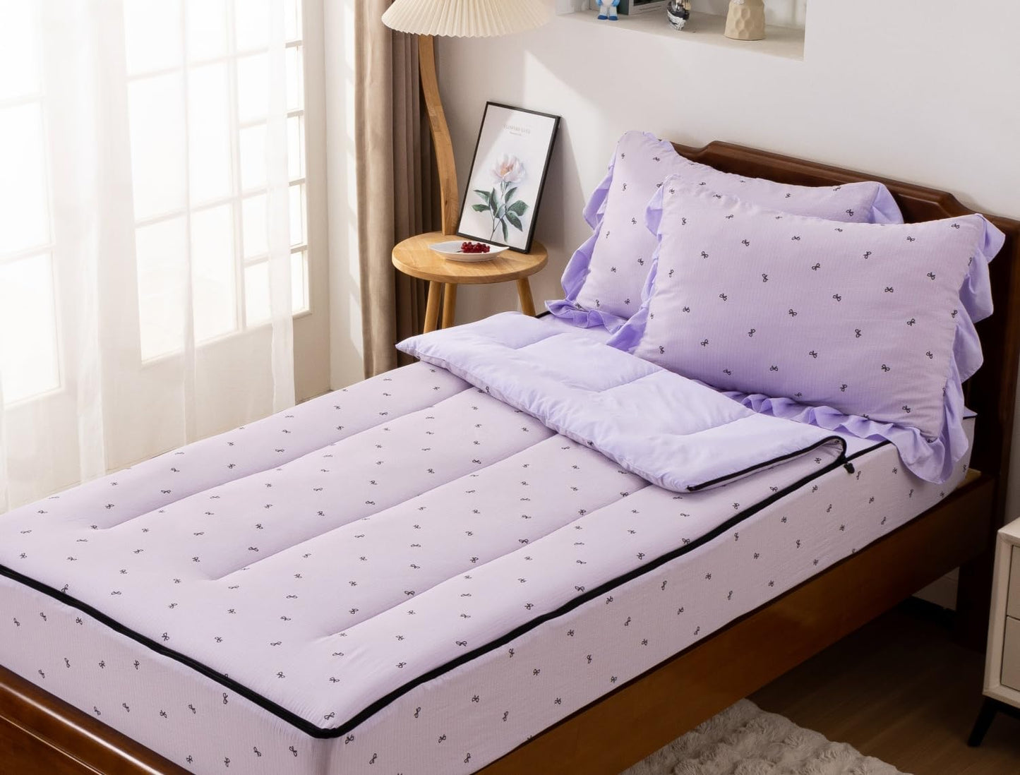 Meeting Story 3pcs Kids Comforter Set Zip up Bedding Set for Girls,Twin Kid Bedding Set Bow Comforter Set for Kid,All in one Zipper Bedding（Lightpurple,Twin）