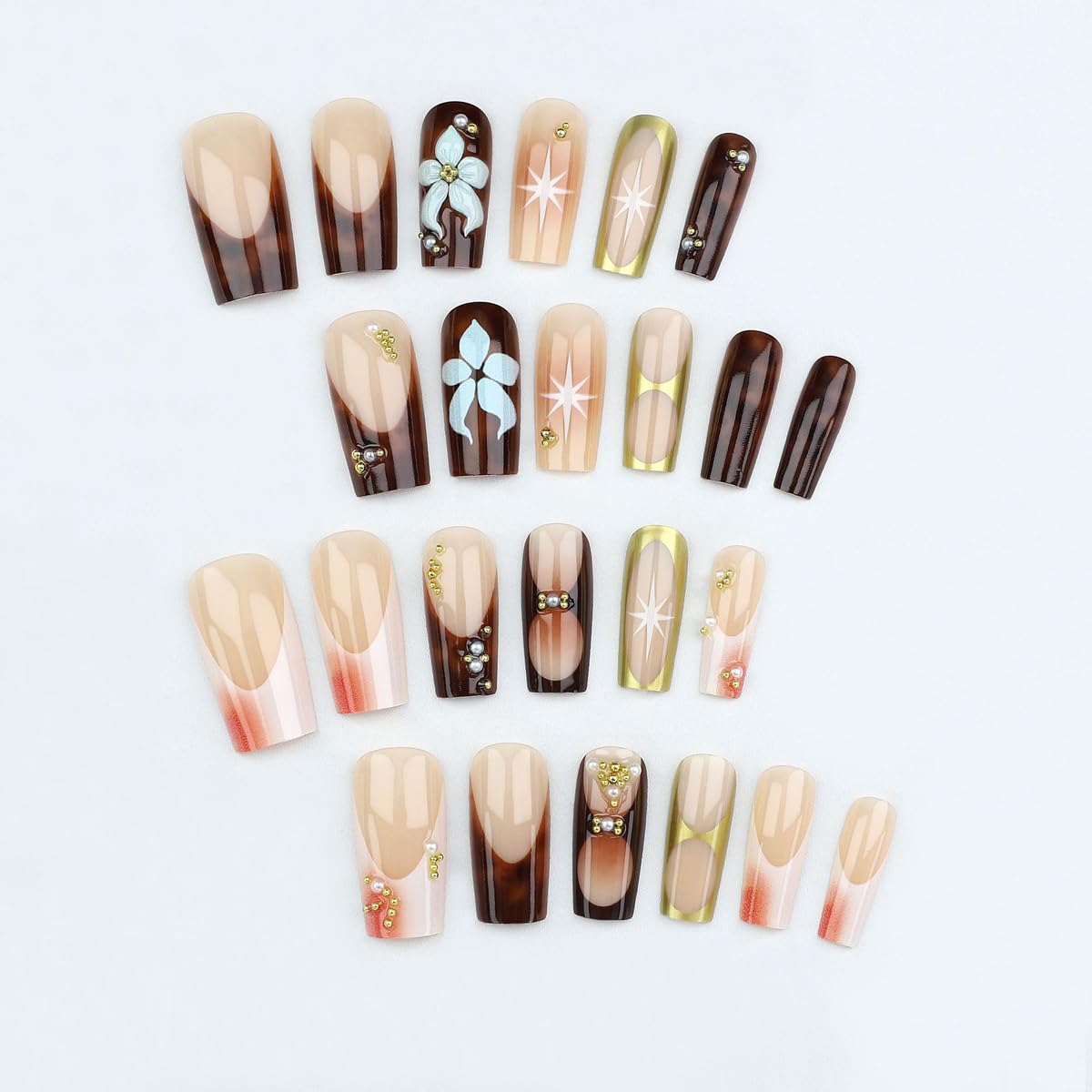 French Tips Press on Nails Brown - Long Square Nails Press on with 5D Flower, Gold Charm Design Glossy Ombre Fake Nails Floral Glue on Nail Reusable Fall Summer Nail for Women Manicure 24Pcs