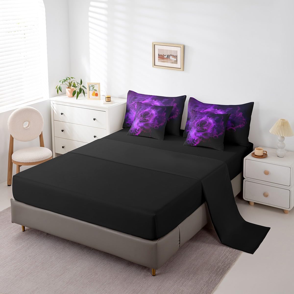 Erosebridal Purple Rose Floral 7 Pcs Comforter Set Full,Ombre Rose Black Gray Bedding Set,Valentine's Day Bed in a Bag,Trippy Botanical Flower Blossom Sheet Set Romantic Bedroom Decor