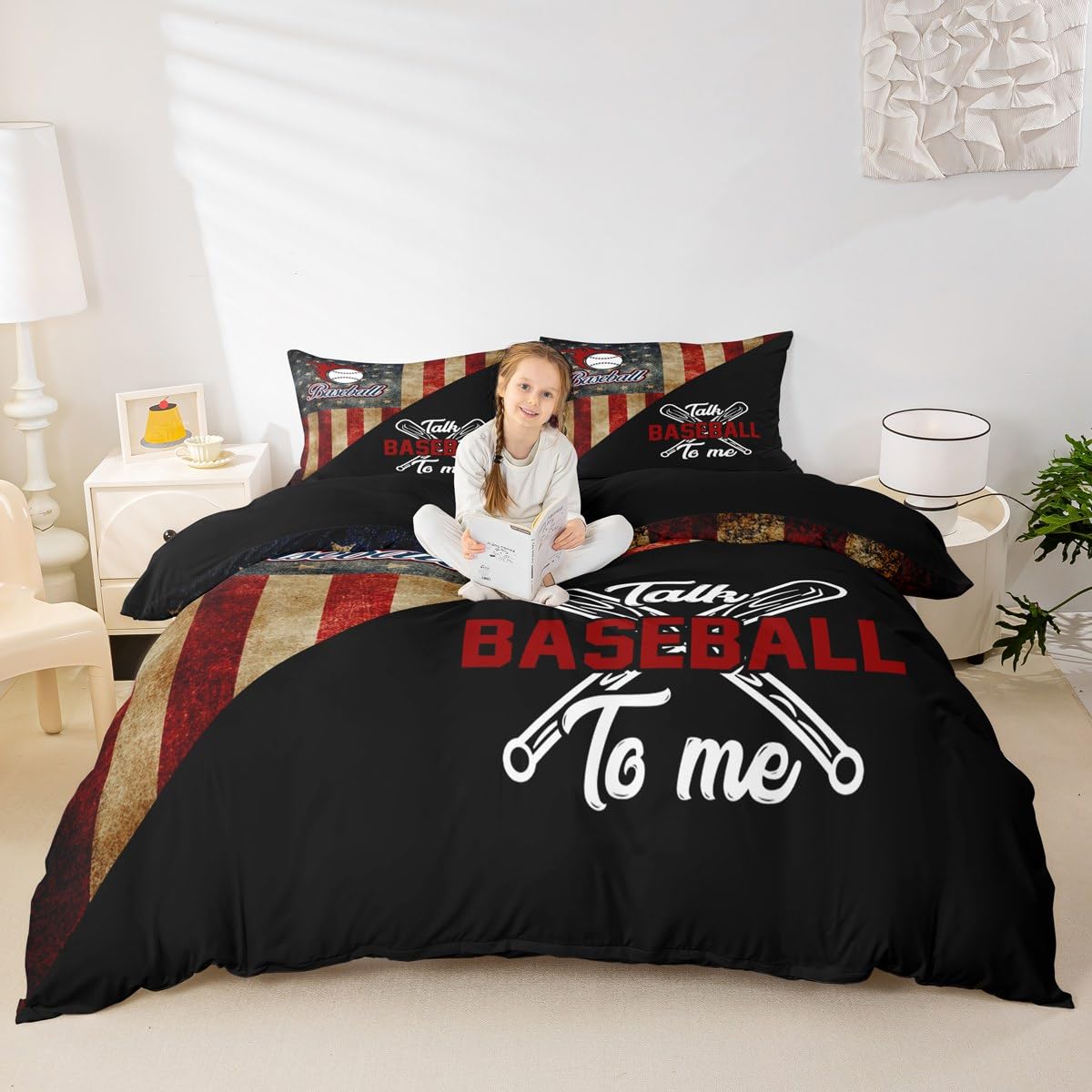 Baseball Boys Duvet Cover Set King Size,American USA Flag Retro Bedding Set,Kids Girls Adults Bedroom Decor,Baseball Bats Sport Games Comforter Cover,Black Splicing Quilt Cover,3pcs,2 Pillowcases
