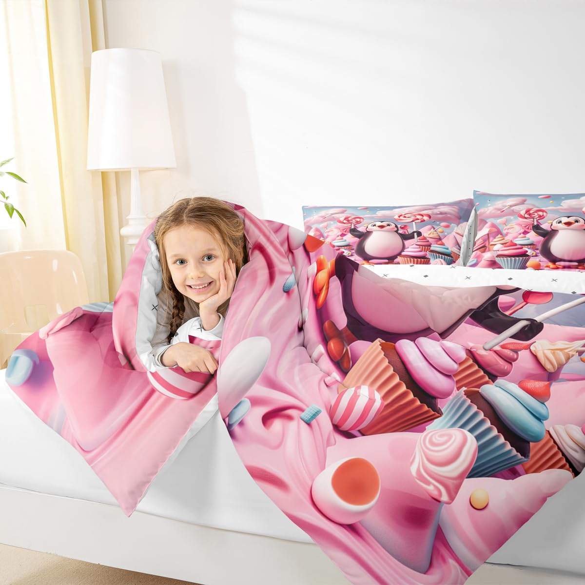 Erosebridal Funny Penguin Bedding Set Queen Antarctic Animal Theme Comforter Set for Kids Boys Girls Cartoon Penguin Down Comforter,Dessert Candy Quilt Duvet