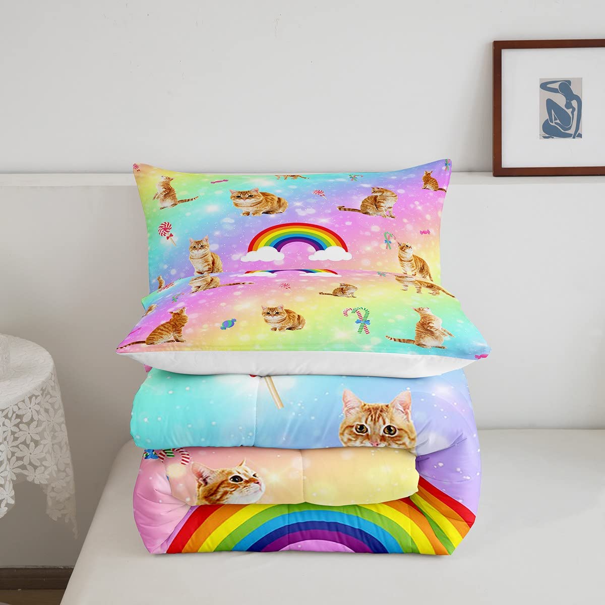 Erosebridal Cat Comforter Set, Starry Sky Bedding Set Twin for Girls Kids Boys Bedroom Decor, Rainbow Galaxy Down Comforter, Soft Breathable Microfiber Quilted Comforter with 1 Matching Pillowcase