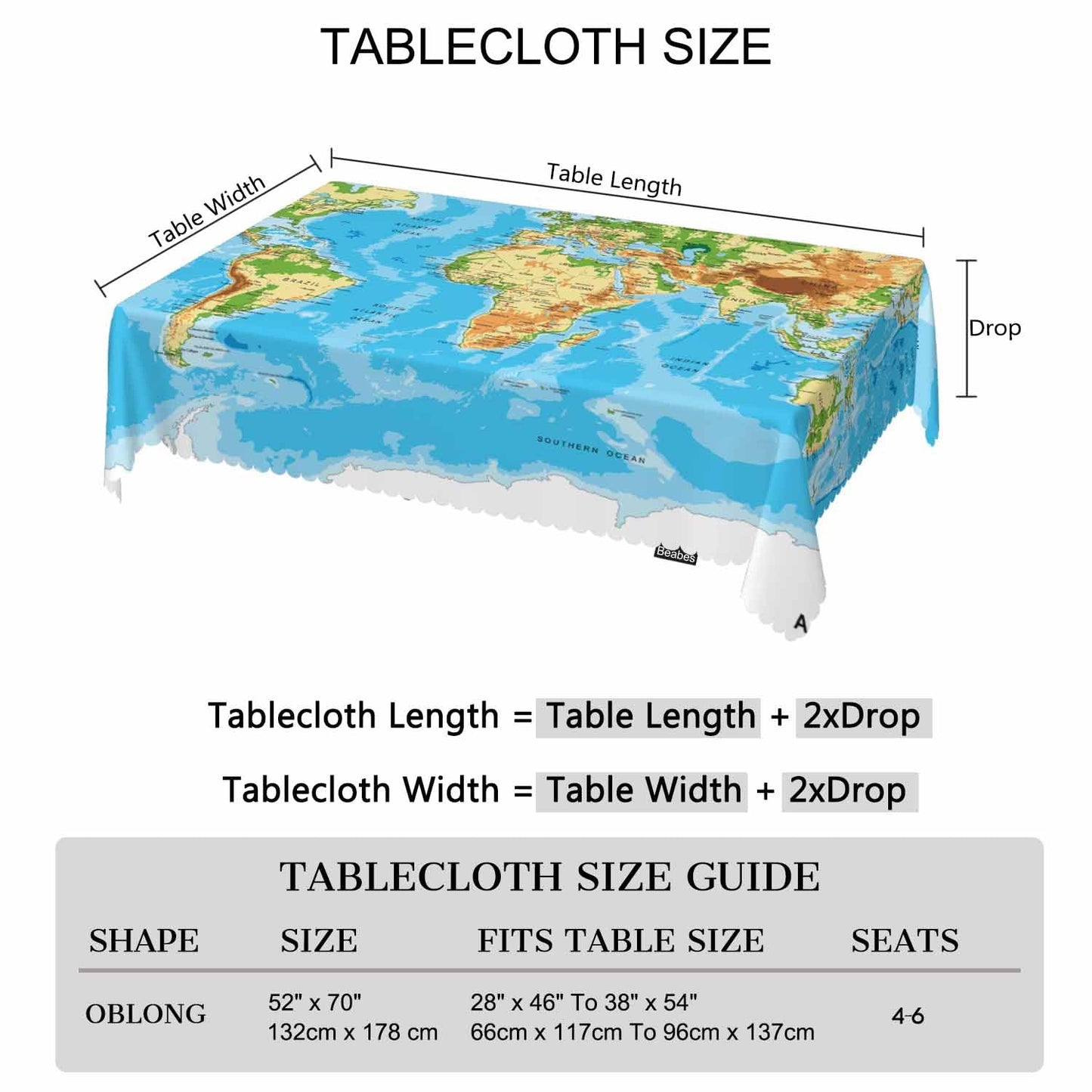 Beabes Tablecloth World Map 52 X 70 Inch, Physical World Map Blue Oblong Table Cloths Anti-Shrink Decorative Table Cover for Kitchen Dinning Tabletop Outdoor Picnic BBQ