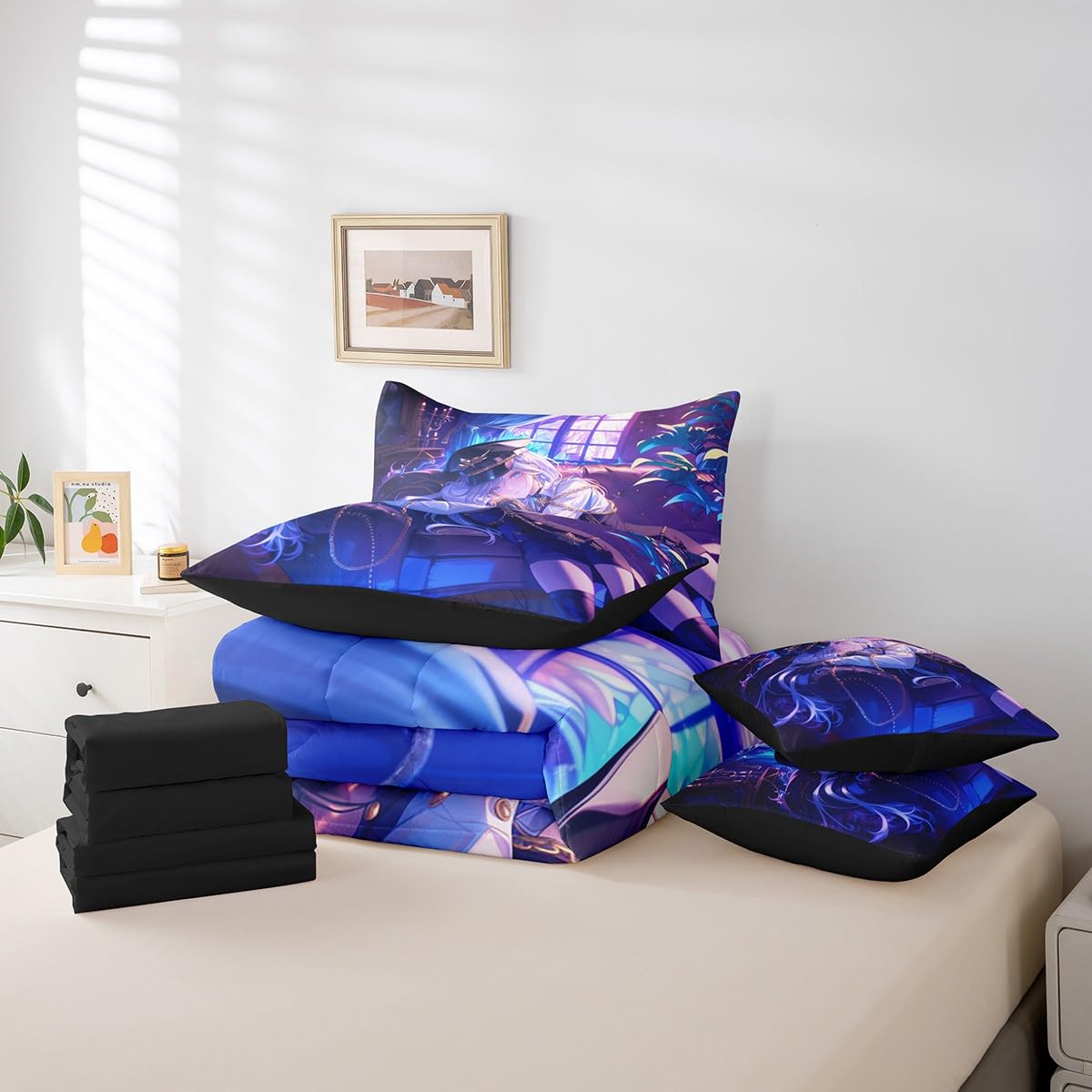 Anime Girl Comforter Set With Sheets Twin Size Japanese Anime 7 Piece Bedding Set For Kids Boys Teens Women Bedroom Decor, Cartoon Girl Bed In A Bag Japanese Animation Kawaii Bed Sets, Purple