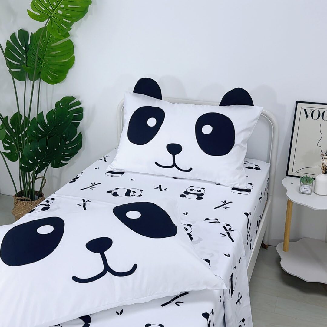 MUSOLEI Panda Sheets Panda Fitted Sheets Cute Animal Bed Set with 3D Ear Girl Twin Bed Sets Girl Full Bedding Kids Bedding Cute Kids Bed Sheets 1 Flat Sheet 1 Fitted Sheet with 1 Pillowcase (Twin)